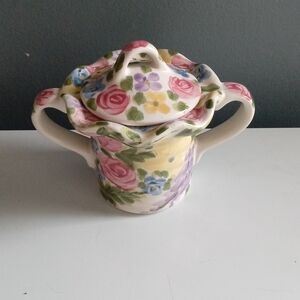 Vintage Hand Painted Floral Sugar Bowl with Lid and Handles